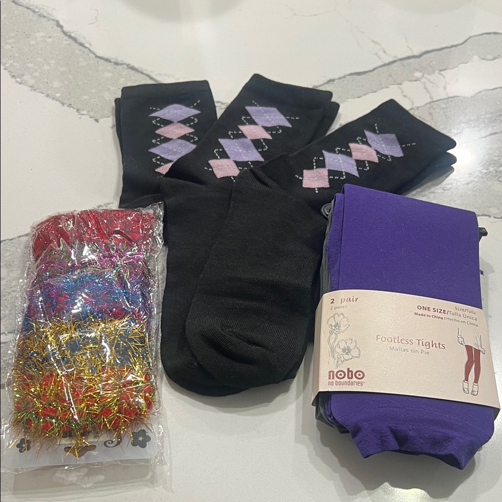 3 pairs ladies socks tights and hair ties